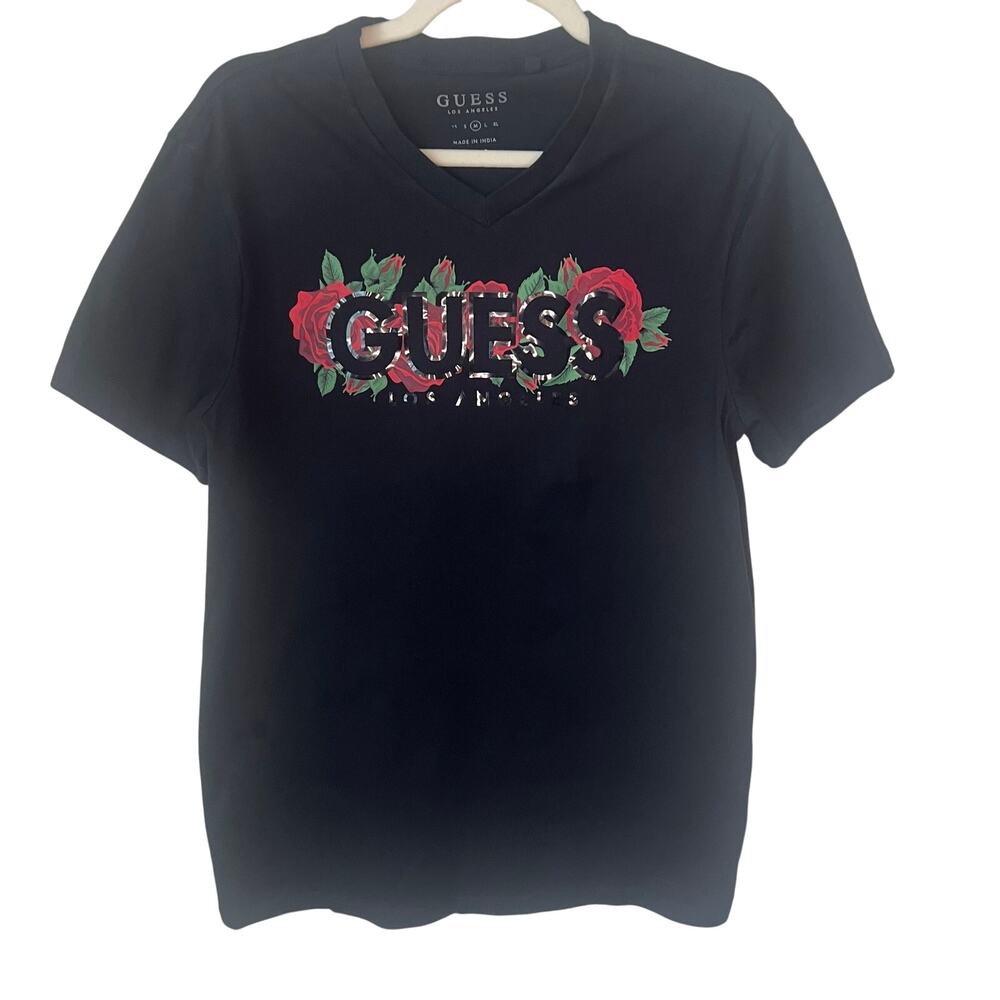 Goth style GUESS Los Angeles Black Rose Logo V-Neck T-Shirt Men’s Size M